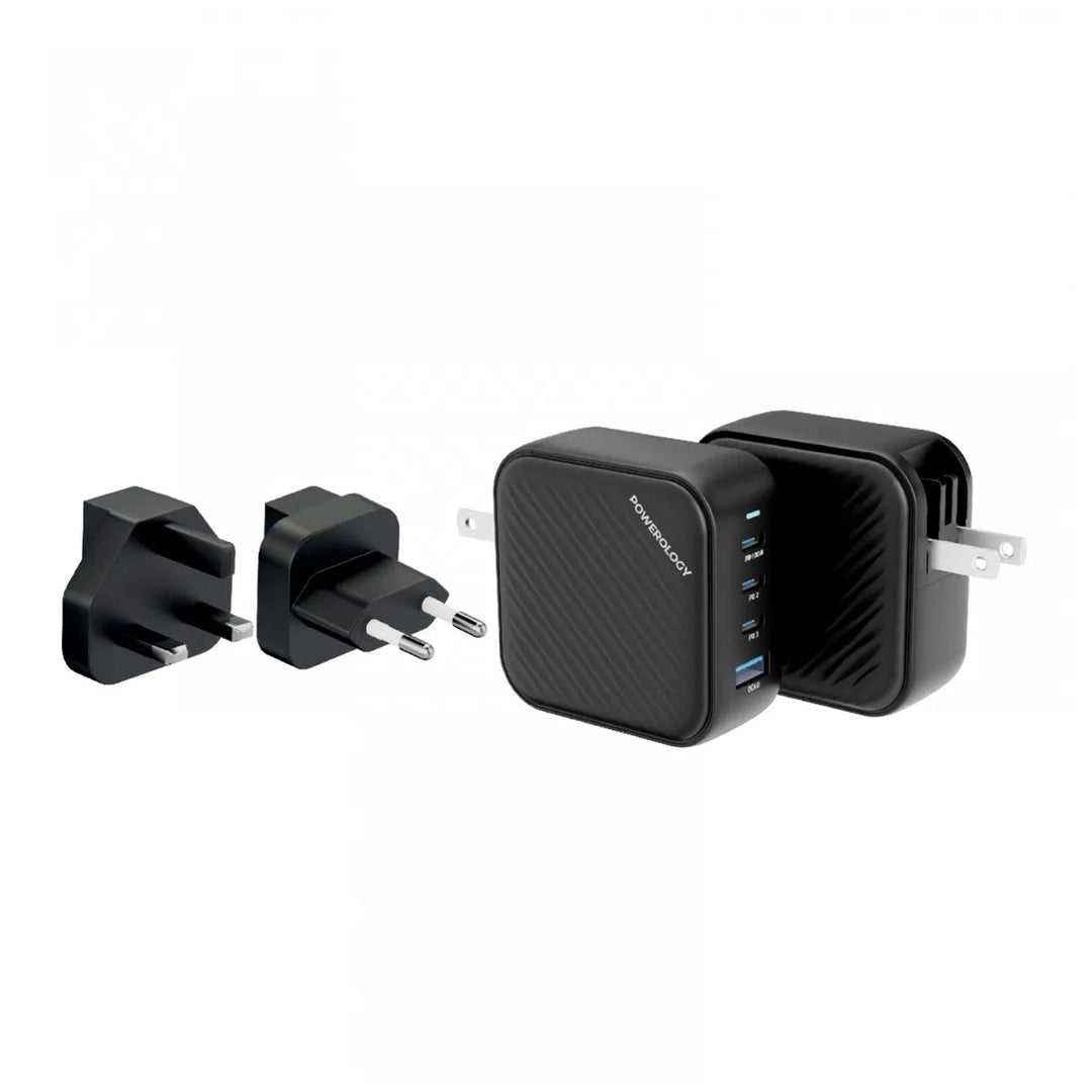 شاحن جداري باورولوجي ب 3 منافذ PD ومنفذ QC3.0 بقدرة 100 واط - اسود | Powerology 3-Port PD + 1 QC3.0 GaN Wall Charger 100W – Black.