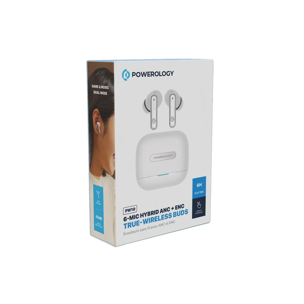 سماعات باورولوجي اللاسلكية ANC+ENC مع 6 مايكروفونات, تشغيل حتى 6 ساعات | Powerology Hybrid ANC+ENC 6Mic True Wireless Earbuds – 6H Playtime.