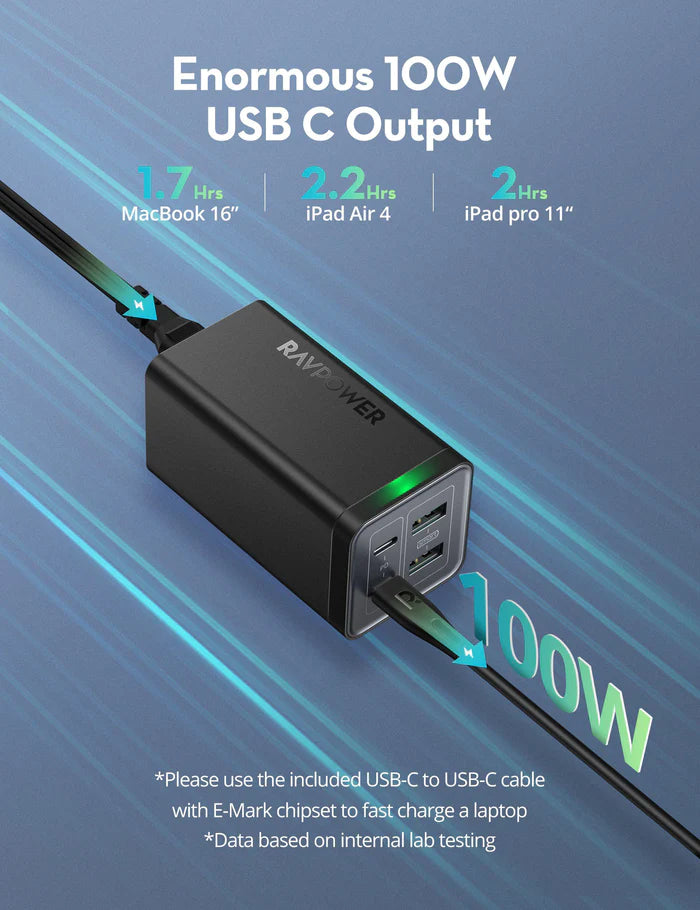 شاحن بقدرة 120 واط مع 4 منافذ 2 تايب سي 2 يو اس بي من راف باور - RAVPower 120W 4-Port Desktop USB Charging Station