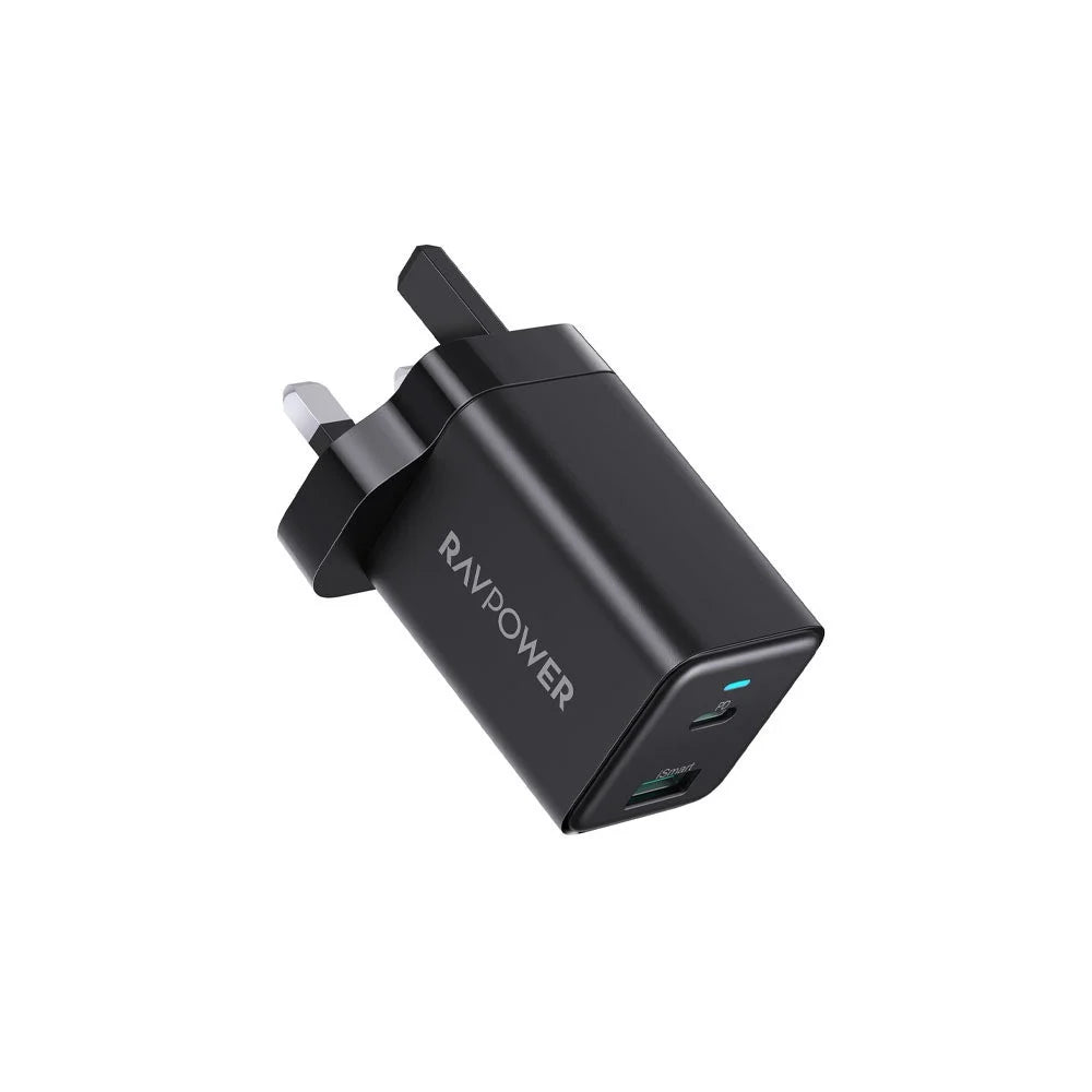 شاحن بقدرة 45 واط مع منفذين من راف باور - RAVPower Wall Charger Dual Ports Type C + USB Fast Charging