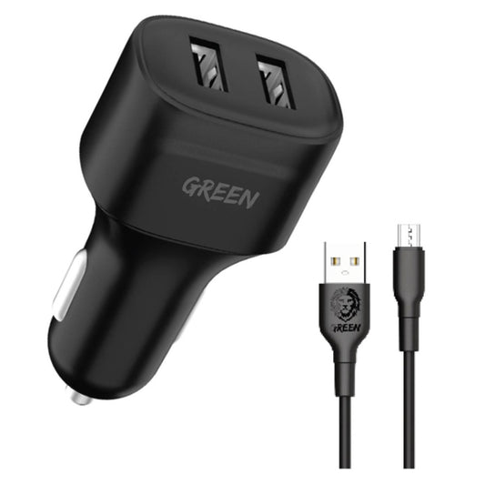 شاحن سيارة جرين لايون بمنفذين يو اس بي اي بقدرة 12 واط مع كيبل مايكرو يو اس بي بطول 1.2 متر | Green Dual Port Car Charger 12W with PVC Micro USB Cable 1.2M.