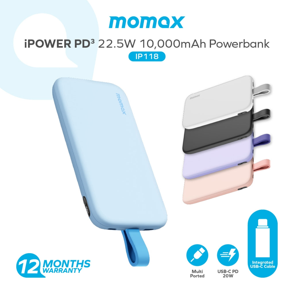 Momax iPower PD3 Power Bank 10000mAh, integrated Type-C Cable, 22.5W Fast Charging - بطارية موماكس اي بور PD3  المحمولة 10000 مللي امبير, كيبل موصول Type-C, شحن سريع 22.5 واط