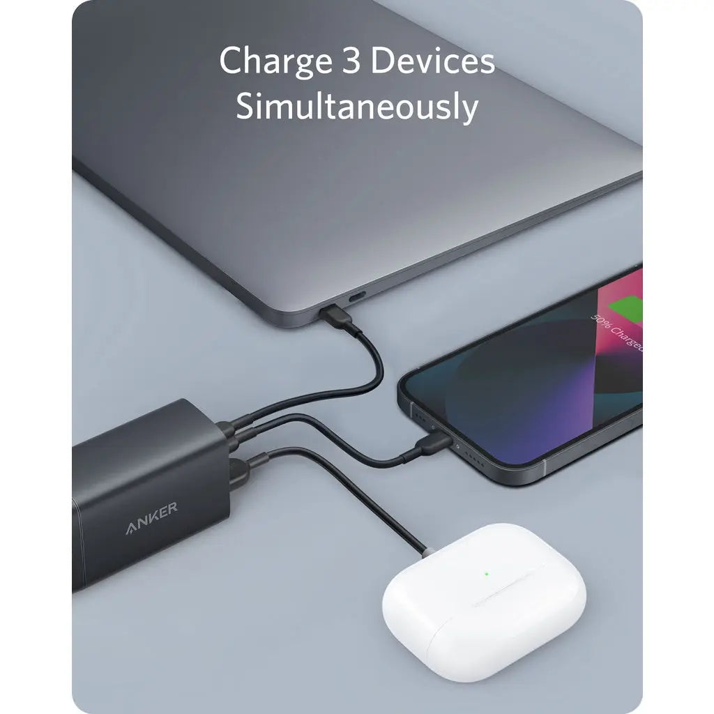 شاحن انكر باور بورت 3 بمنفذين تايب سي ومنفذ يو اس بي اي وبقدرة شحن 65 واط - اسود | Anker PowerPort III 3-Ports 2 USB-C and USB-A Charger 65W – Black