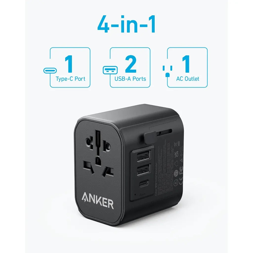 Anker PowerExtend Travel Adapter 30W with USB-C Charger | محول السفر انكر باور اكستند 4 في 1, شحن سريع 30 واط بمنفذ USB-C