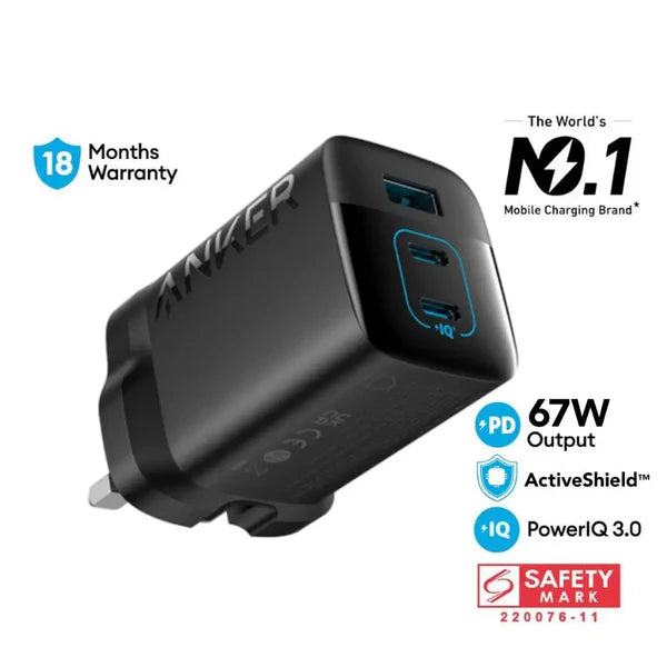 شاحن انكر 336 باوربورت 67 واط منفذ يو اس بي سي - اسود | Anker Charger 336 Powerport 67W USB-C GaN Charger - Black.