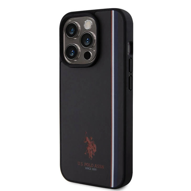 U.S. Polo Assn. PU Leather Case with DH Tricolor Line for iPhone 15 Pro Max | كفر يو اس بولو جلد صناعي بخط ثلاثي الالوان لهاتف ايفون 15 برو ماكس