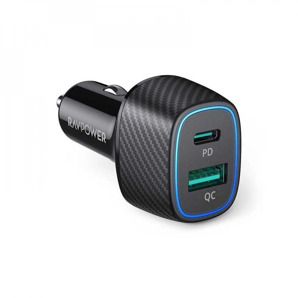 شاحن سيارة راف باور RP-VC009 بقدرة 60 واط بمنفذي PD 36 واط و QC 24 واط - اسود | RAVPower RP-VC009 60W Dual Port Car Charger (PD 36W + QC 24W) – Black