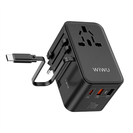 محول السفر العالمي من ويوو بقدرة شحن 70 واط مع كيبل تايب سي مدمج - اسود | WiWU Travel Universal Adapter UA004 70W GaN Charger With Built in Type-C Cable – Black