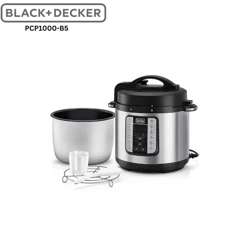Black+Decker 1000W 6L 7 in 1 Electric Pressure Cooker, with 12 Smart Programs - قدر ضغط كهربائي بلاك أند ديكر 6 لتر 1000 وات 7 وظائف و12 برنامج ذكي